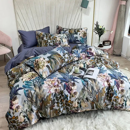 Blue Floral Cotton Duvet Cover and Sheets