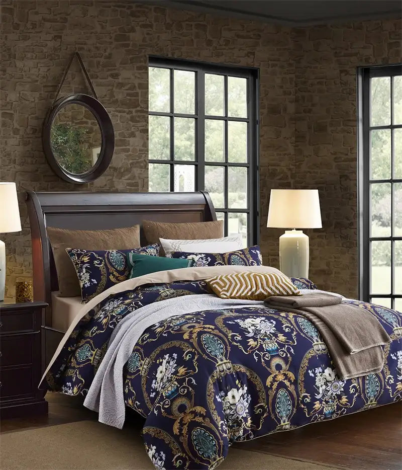 Quilted Navy and Gold Egyptian Cotton Bedding