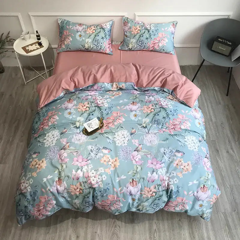 Blue Floral Cotton Duvet Cover and Sheets