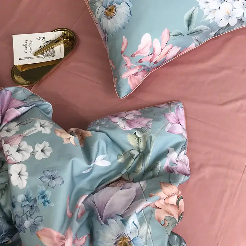 Blue Floral Cotton Duvet Cover and Sheets