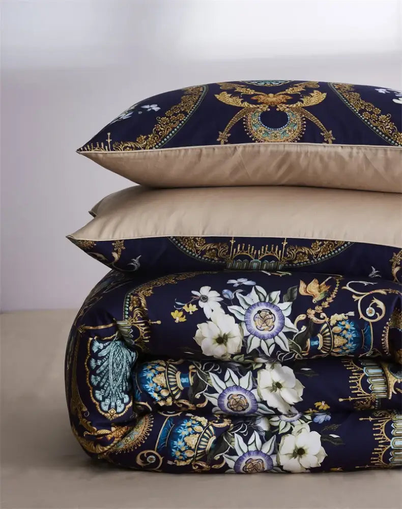 Blue Floral Cotton Duvet Cover and Sheets