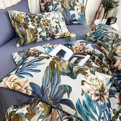 Blue Floral Cotton Duvet Cover and Sheets