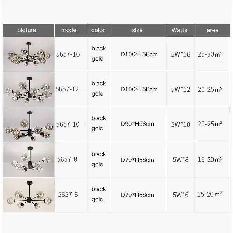 Chandelier modern black glass ball by Decorbites; five models shown (5657-16 to 5657-6) black-gold on Tampa Home & Garden Store