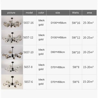 Chandelier modern black glass ball by Decorbites; five models shown (5657-16 to 5657-6) black-gold on Tampa Home & Garden Store