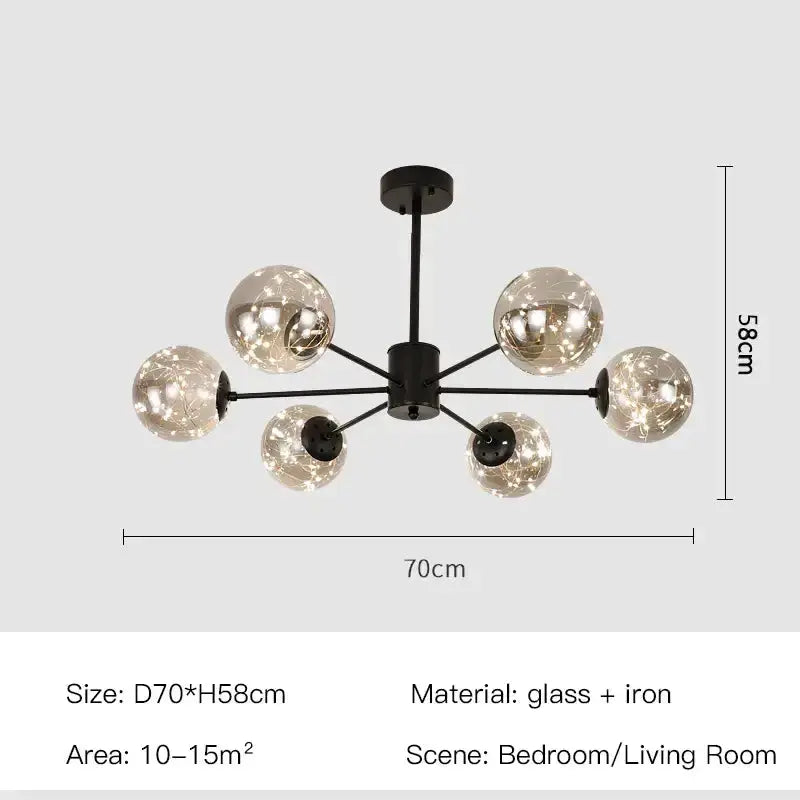 Chandelier black glass ball six-globe design with iron frame, Decorbites, living room lighting on Tampa Home & Garden Store