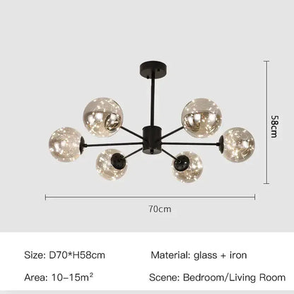 Chandelier black glass ball six-globe design with iron frame, Decorbites, living room lighting on Tampa Home & Garden Store