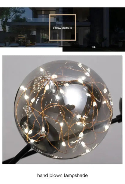 Decorbites modern black glass ball chandelier with copper LED string lights remote control on Tampa Home & Garden Store