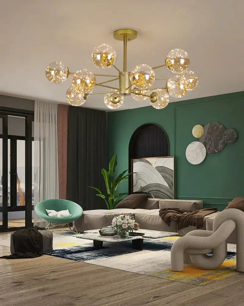Modern glass ball chandelier with brass finish and remote control lighting in living room on Tampa Home & Garden Store