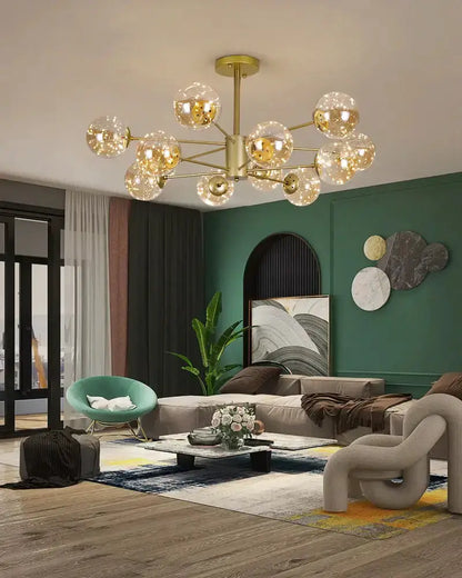 Modern glass ball chandelier with brass finish and remote control lighting in living room on Tampa Home & Garden Store