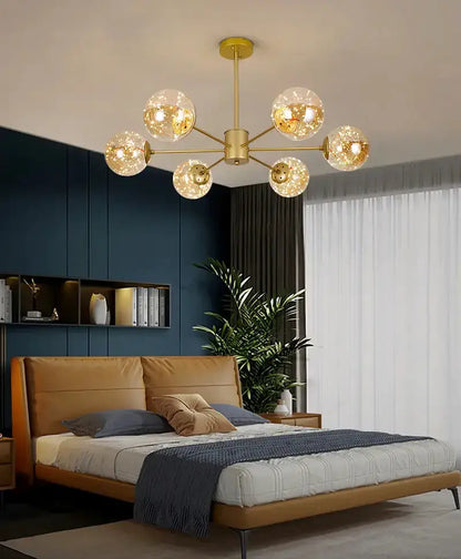 Modern black glass ball chandelier with gold arms and six crackle-glass globes by Decorbites on Tampa Home & Garden Store