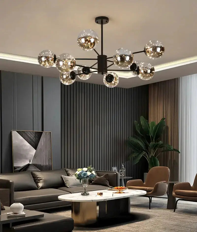 Chandelier Modern black glass ball design by Decorbites with remote control in living room on Tampa Home & Garden Store