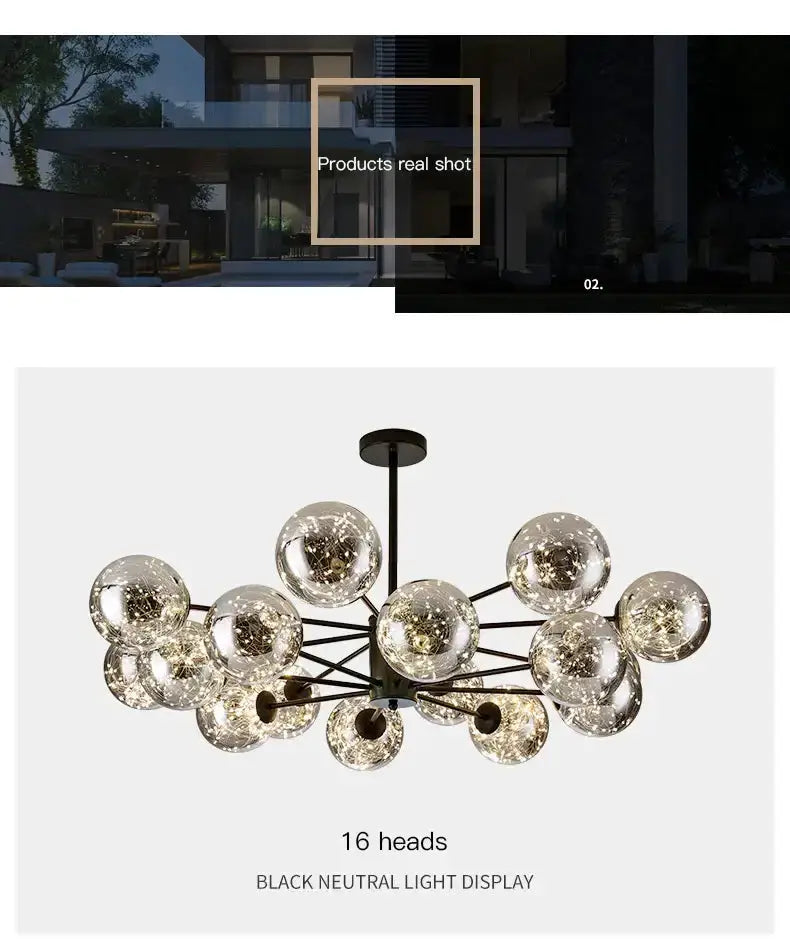 Modern black glass ball chandelier by Decorbites, 16-globe heads, black metal frame on Tampa Home & Garden Store