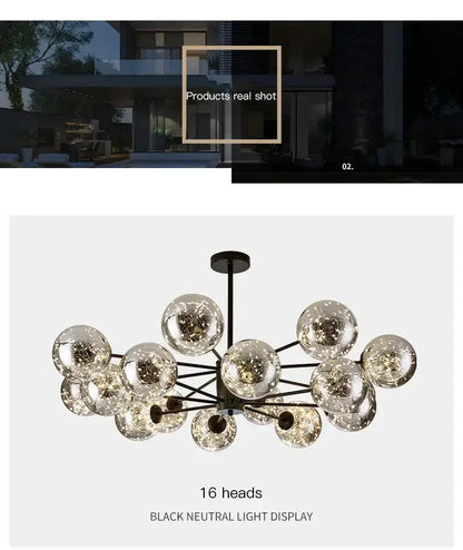 Modern black glass ball chandelier by Decorbites, 16-globe heads, black metal frame on Tampa Home & Garden Store
