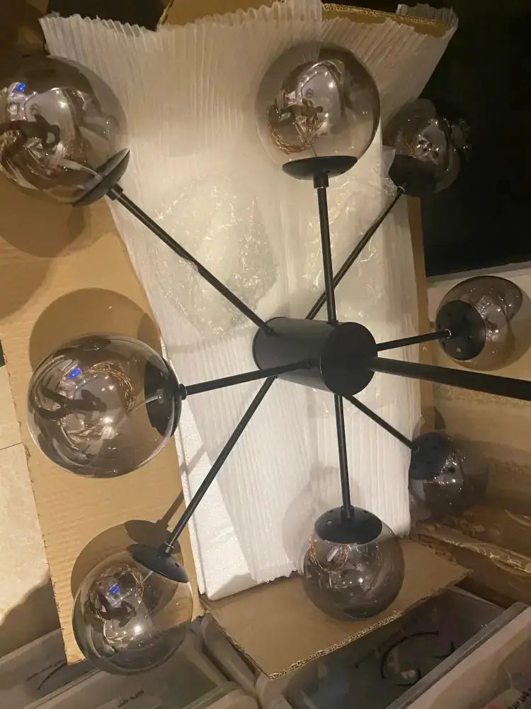 Modern black glass ball chandelier by Decorbites, six globes with remote control on Tampa Home & Garden Store