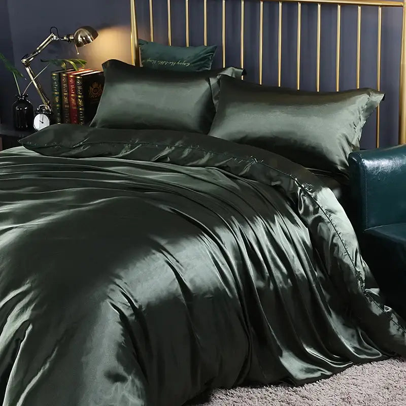 Champagne Satin Bedding Set duvet cover by Decorbites in dark green satin on bed on Tampa Home & Garden Store