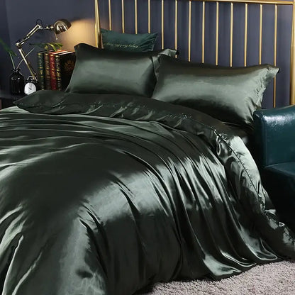 Champagne Satin Bedding Set duvet cover by Decorbites in dark green satin on bed on Tampa Home & Garden Store