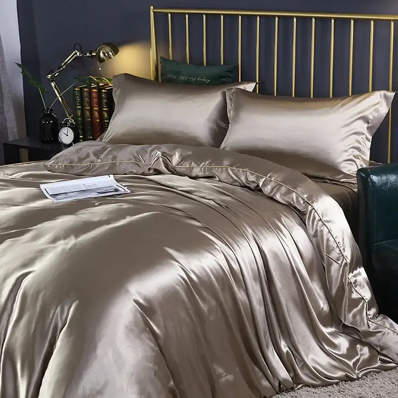 Gray gold satin duvet cover set by Decorbites with matching pillowcases on Tampa Home & Garden Store