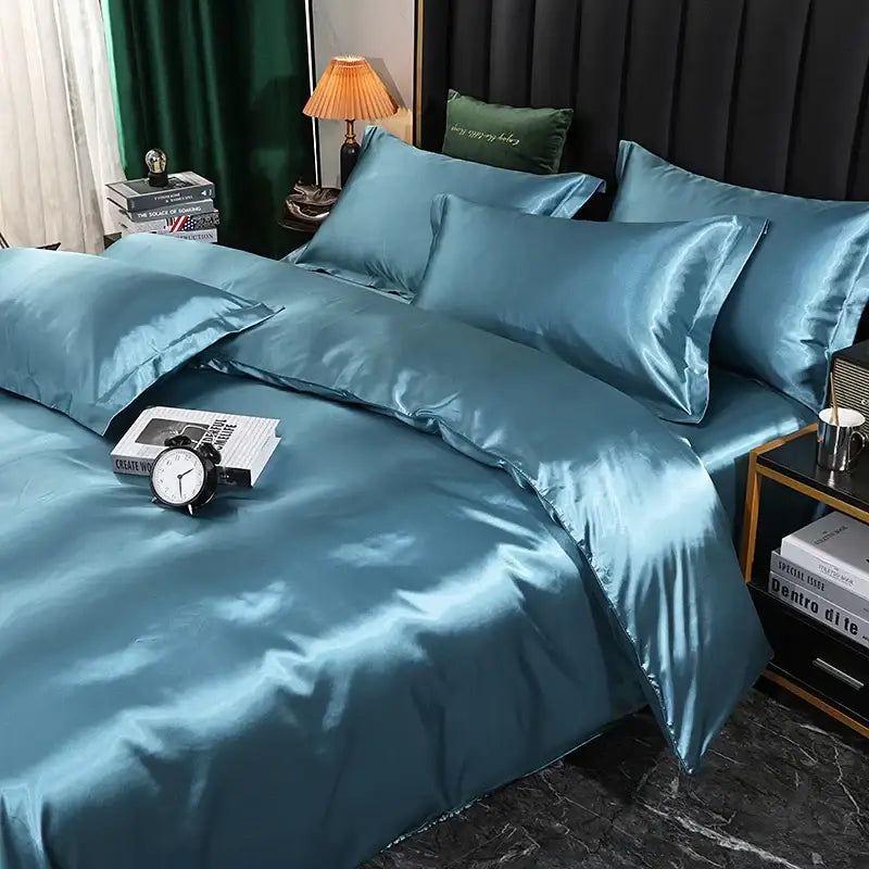 Champagne Satin Bedding Set duvet in teal satin with pillowcases by Decorbites on Tampa Home & Garden Store