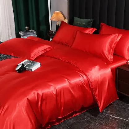 Decorbites Pink Silver Satin Bedding set with red satin finish and matching pillowcases on Tampa Home & Garden Store