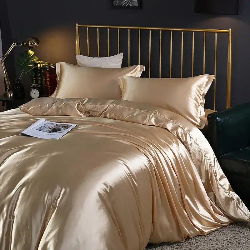 Decorbites Pink Silver Satin Bedding Set in champagne satin with matching pillowcases on Tampa Home & Garden Store