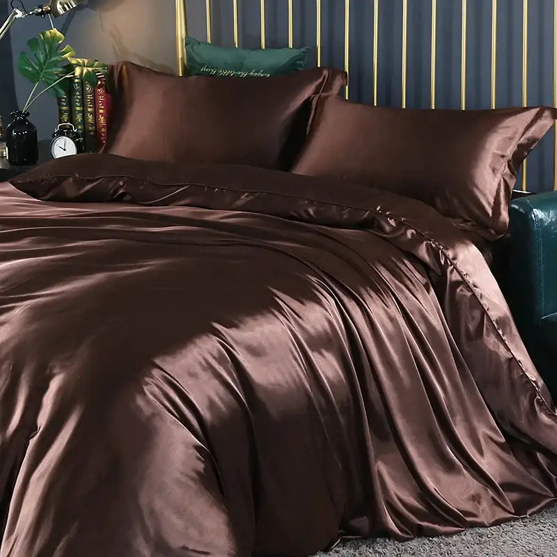 Brown satin bedding set with matching pillow shams and a glossy, luxurious finish on Tampa Home & Garden Store