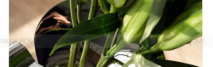 Silver stainless steel vase with a mirror finish reflecting green plant leaves on Tampa Home & Garden Store