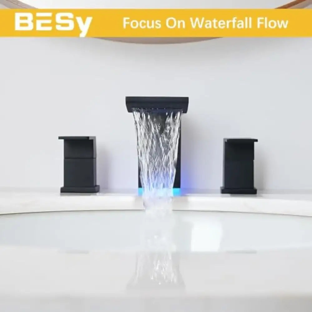 Decorbites black LED bathroom faucet with waterfall spout and square handles, bathroom sink set on Tampa Home & Garden Store