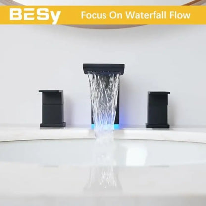 Decorbites black LED bathroom faucet with waterfall spout and square handles, bathroom sink set on Tampa Home & Garden Store