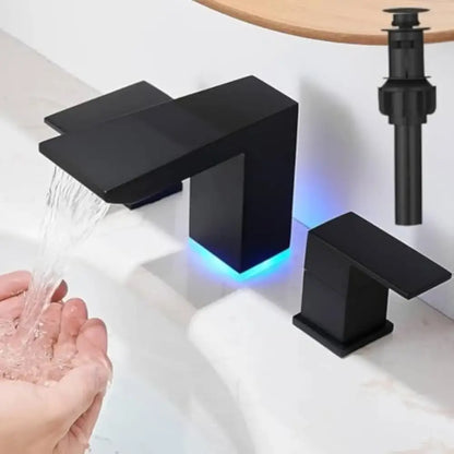 Decorbites Black LED bathroom sink faucet with square spout and matching lever, blue underglow on Tampa Home & Garden Store
