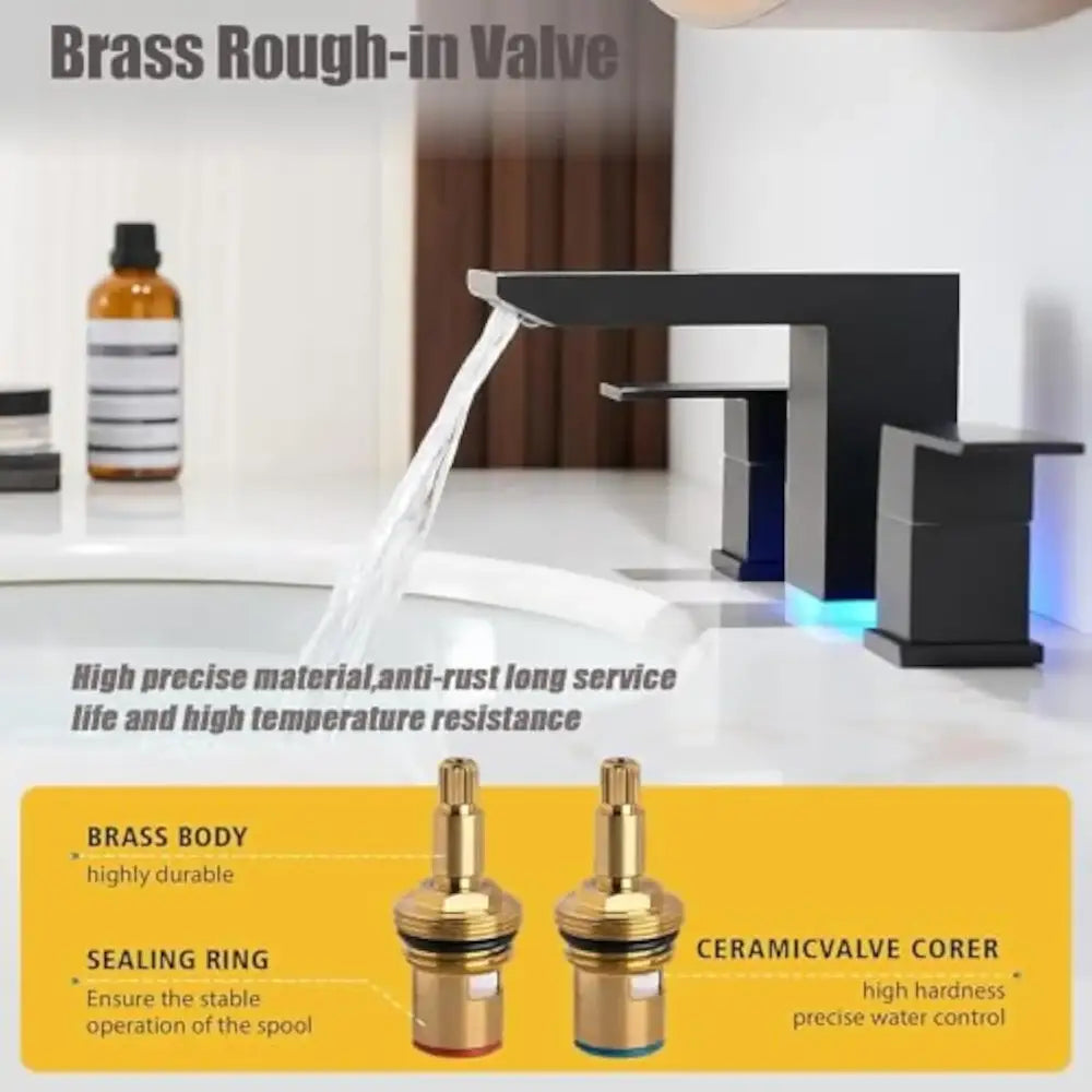 Black LED bathroom faucet with square design and blue underglow, water flows into white sink on Tampa Home & Garden Store