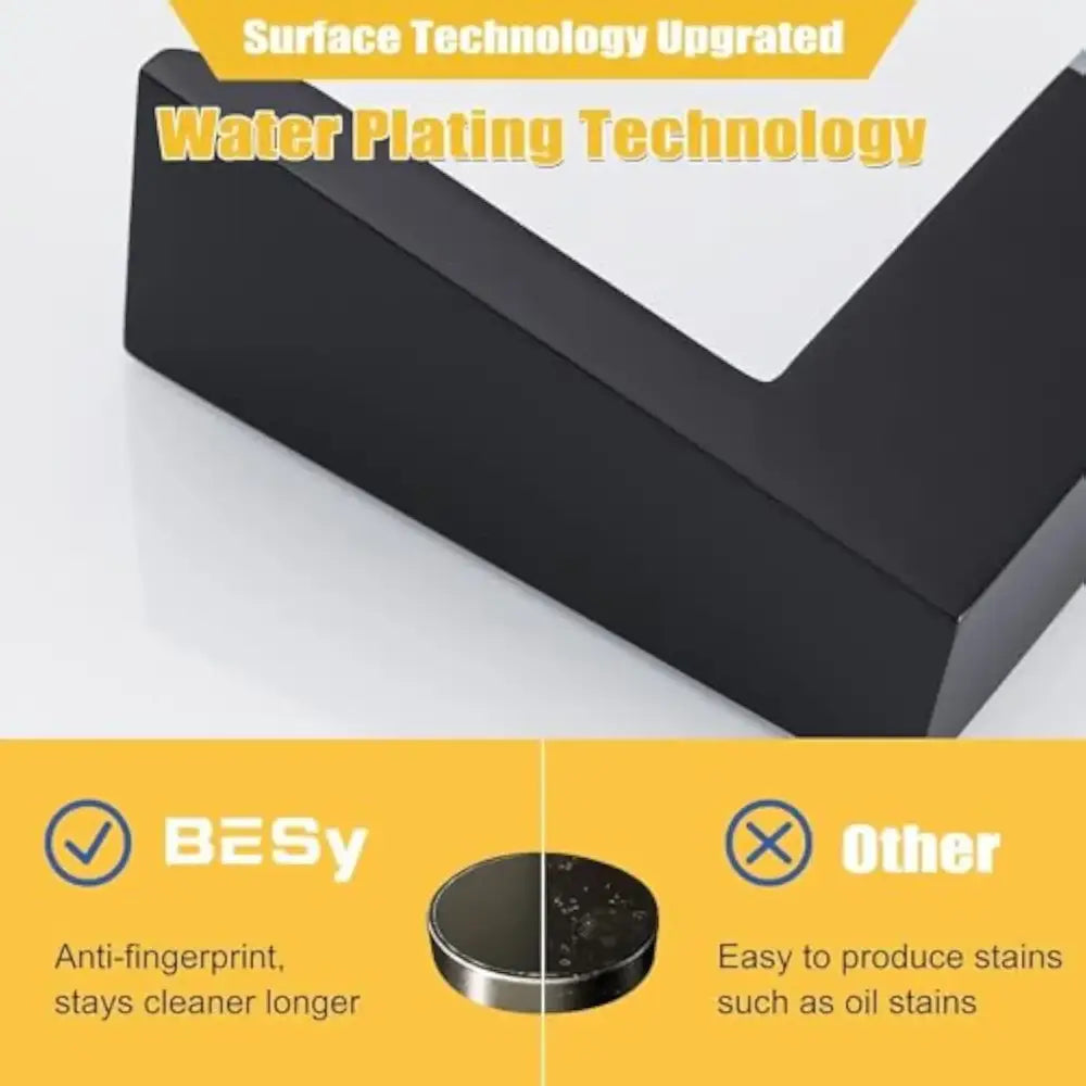 Decorbites Black LED Bathroom Faucet with matte black finish; highlights water plating tech and BESy vs Other, on Tampa Home & Garden Store