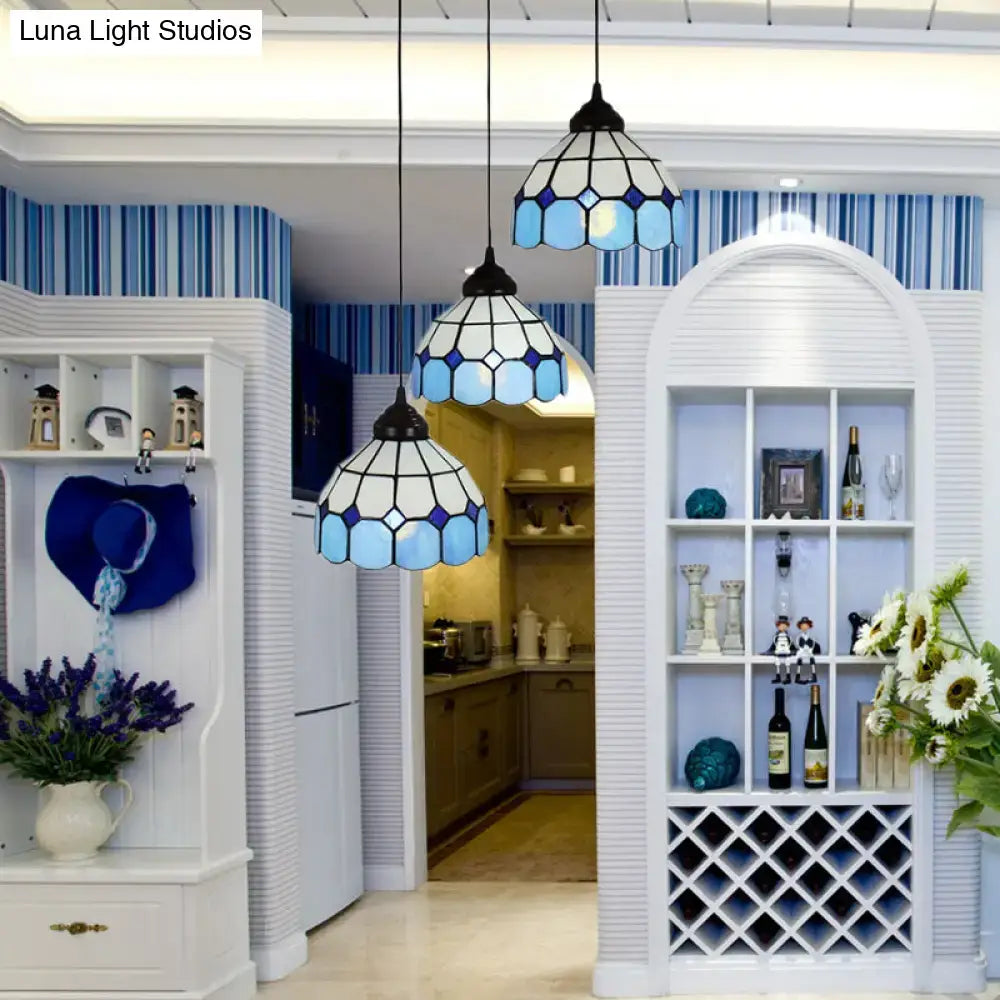 Blue White Glass Bowl Light pendant, 3 blue and white Tiffany-style glass bowls by Decorbites on Tampa Home & Garden Store