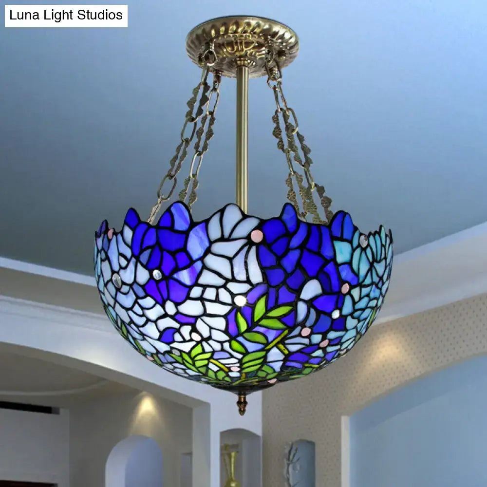 Blue stained glass ceiling light pendant with mosaic floral design, chain-hung, Decorbites on Tampa Home & Garden Store