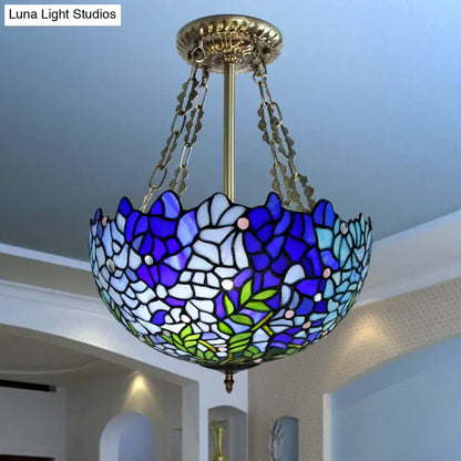 Blue stained glass ceiling light pendant with mosaic floral design, chain-hung, Decorbites on Tampa Home & Garden Store