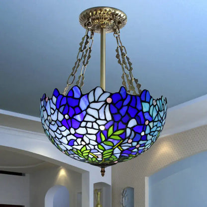 Blue stained glass ceiling light fixture, Tiffany-style floral flush mount by Decorbites on Tampa Home & Garden Store