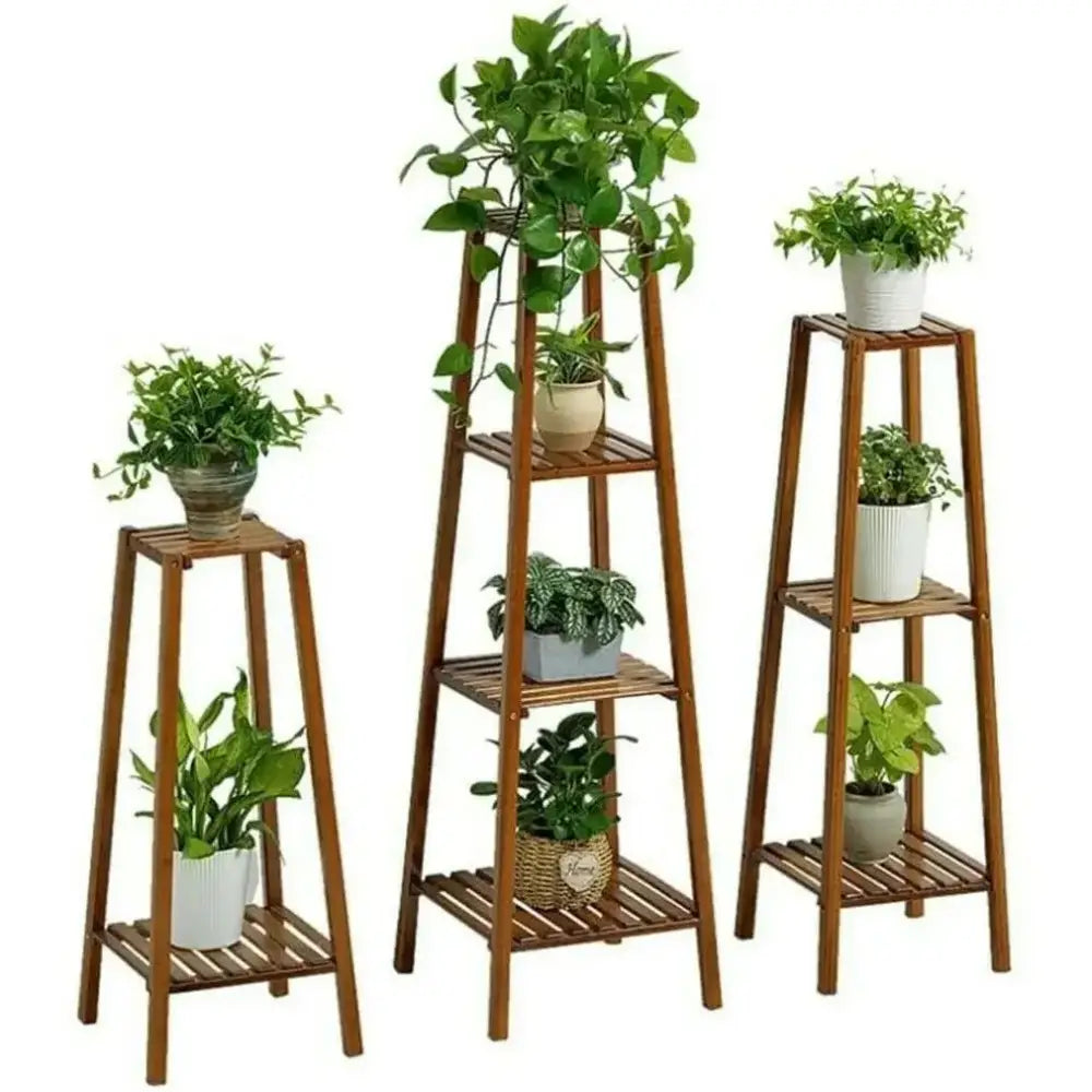 Natural brown 3 tier wooden corner plant stand living room shelf