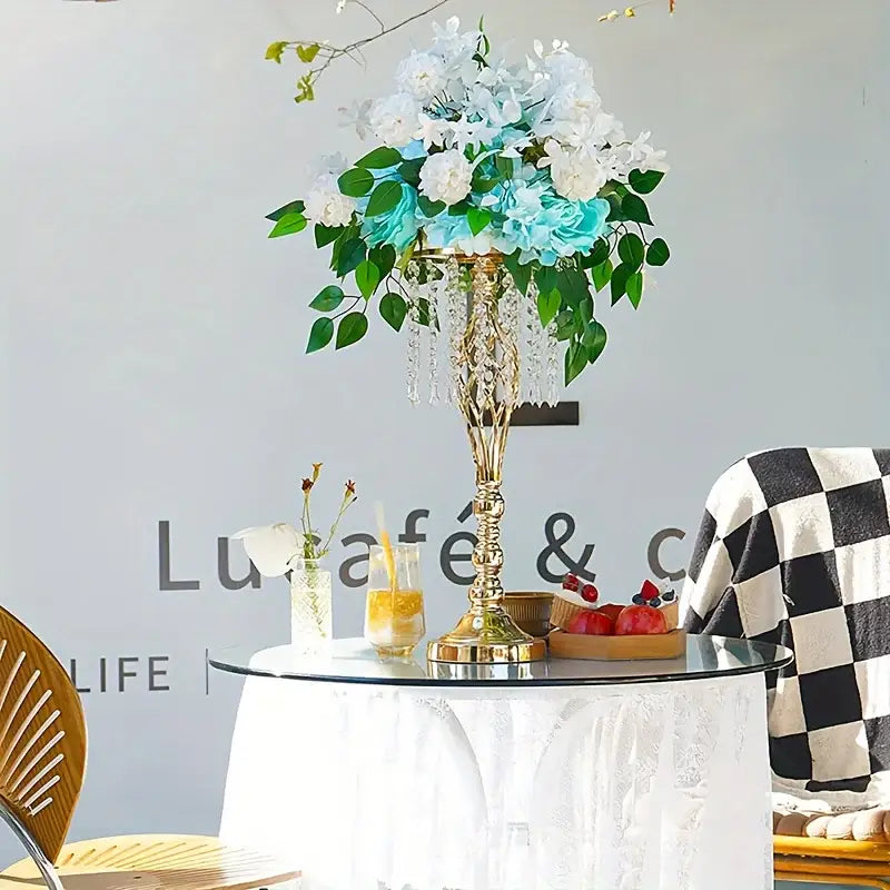 Gold crystal metal vase centerpiece with hanging crystal strands by Decorbites on Tampa Home & Garden Store