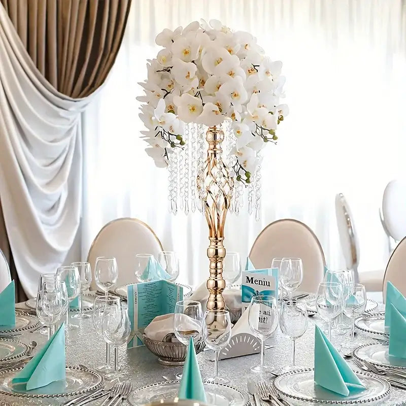 Vase: Gold crystal metal centerpiece with white orchid bouquet and crystal strands Decorbites on Tampa Home & Garden Store