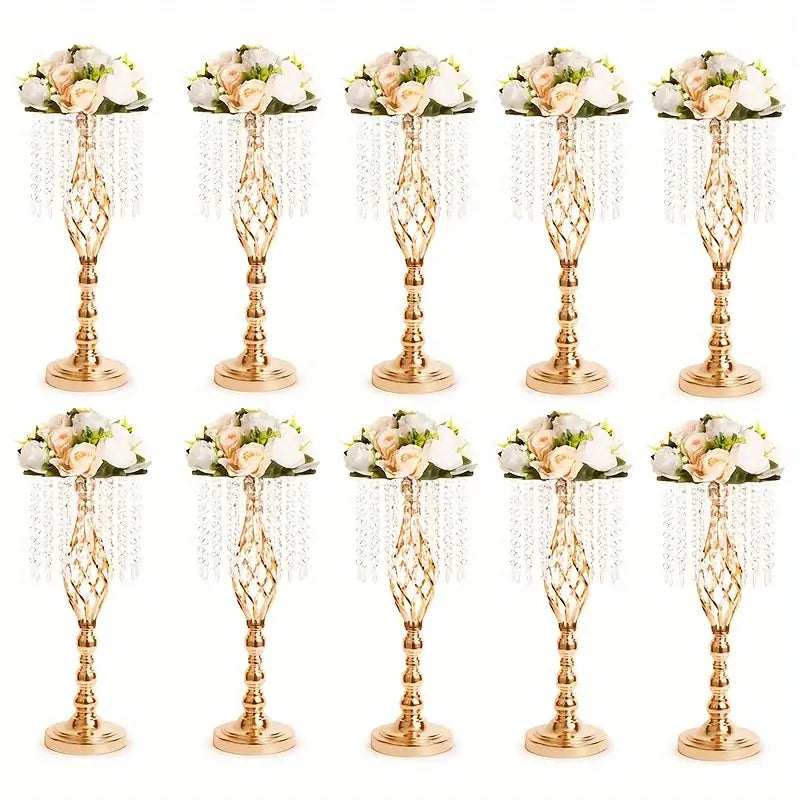 Decorbites gold crystal metal vases, 12-piece set with crystal strands and pale pink roses on Tampa Home & Garden Store