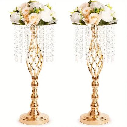 Gold Crystal Metal Vases pair with floral arrangement, ornate twisted stems, crystal beads on Tampa Home & Garden Store