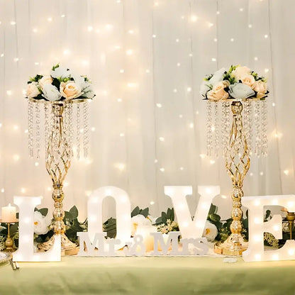 Decorbites gold crystal metal vases, pair with crystal drops and pale florals for wedding decor on Tampa Home & Garden Store