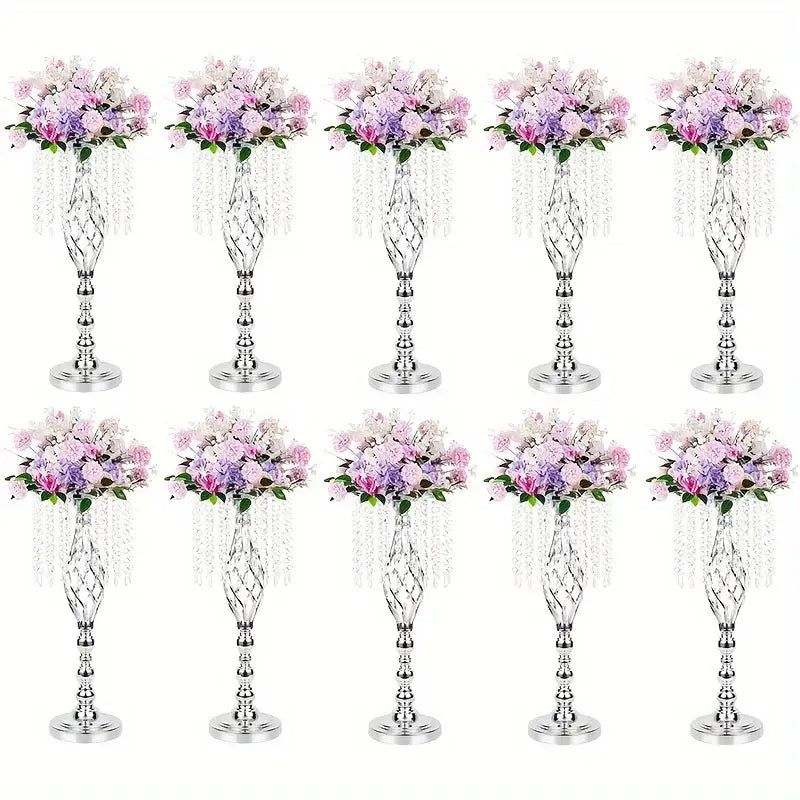 Gold Crystal Metal Vases, silver-tone crystal stems with pink and purple bouquets, 12pc set on Tampa Home & Garden Store