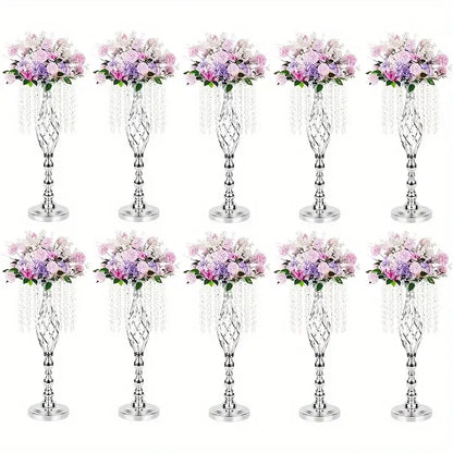 Gold Crystal Metal Vases, silver-tone crystal stems with pink and purple bouquets, 12pc set on Tampa Home & Garden Store
