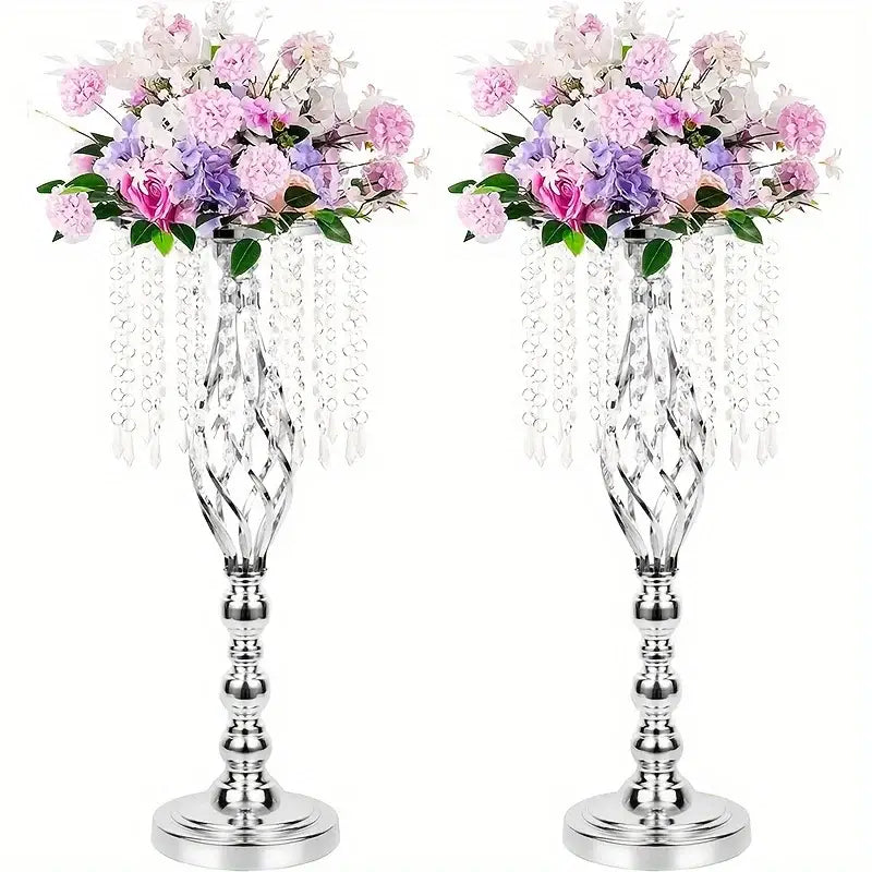 Gold Crystal Metal Vases pair with crystal strands and pink purple florals on Tampa Home & Garden Store