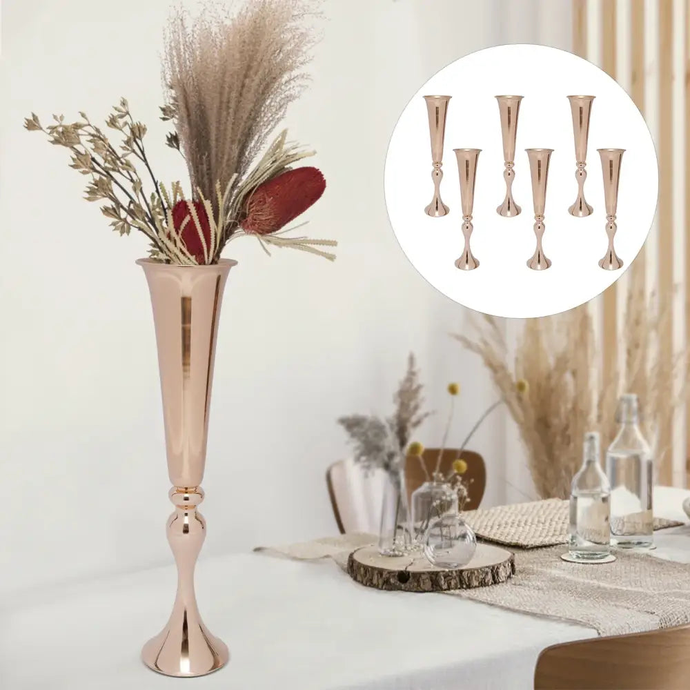 Gold metal vase stand with tall rose-gold vase and dried stems; inset shows six vases on Tampa Home & Garden Store