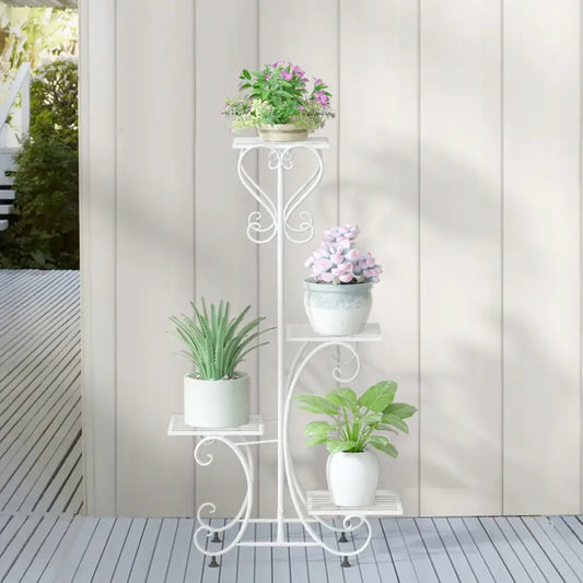 Ornate white wrought iron metal plant stand garden or living room tiered shelf