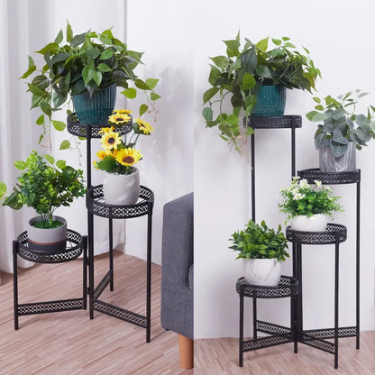 Tiered black metal plant stand for living room with lattice design
