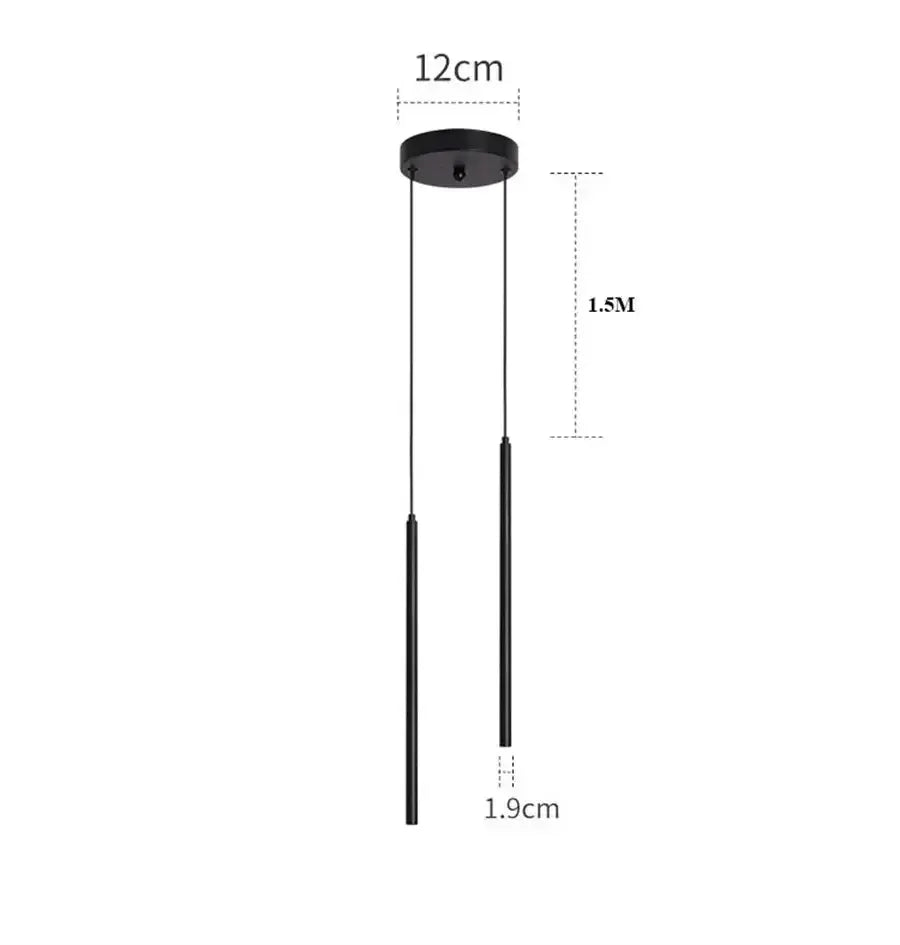 Decorbites black LED pendant lights, 2 slim 2cm cylinders on cords from a 12cm ceiling on Tampa Home & Garden Store