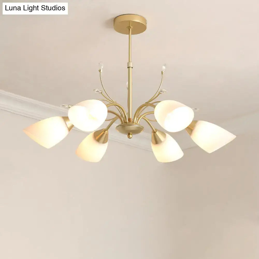 Gold Glass Chandelier by Decorbites with curved gold arms and frosted glass shade bells on Tampa Home & Garden Store