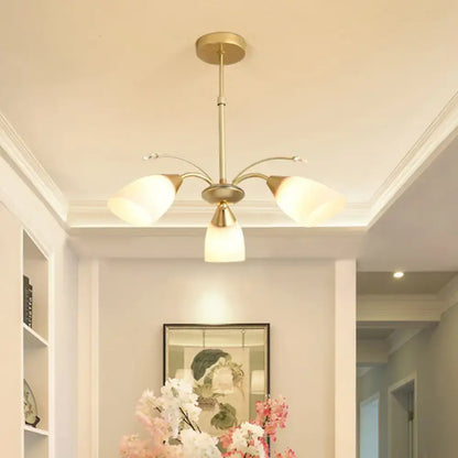 Gold glass chandelier by Decorbites, brass finish ceiling fixture with frosted glass shades on Tampa Home & Garden Store